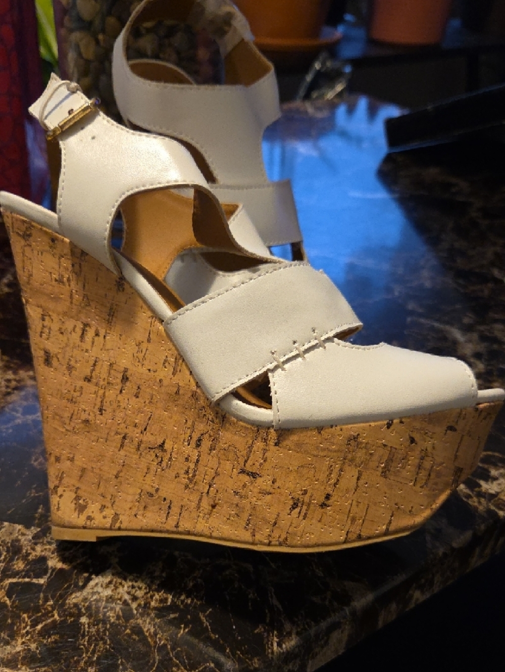 Charlotte Russe White Cork Platform Sandals with Ankle Strap - Picture 6 of 7